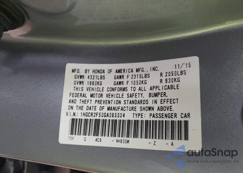 2016 Honda Accord Sport from USA, damaged, VIN 1HGCR2F50GA065504